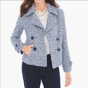 Chicos Textured Shine Open Front Tweed Jacket Short Pea Coat Blue White Size XL